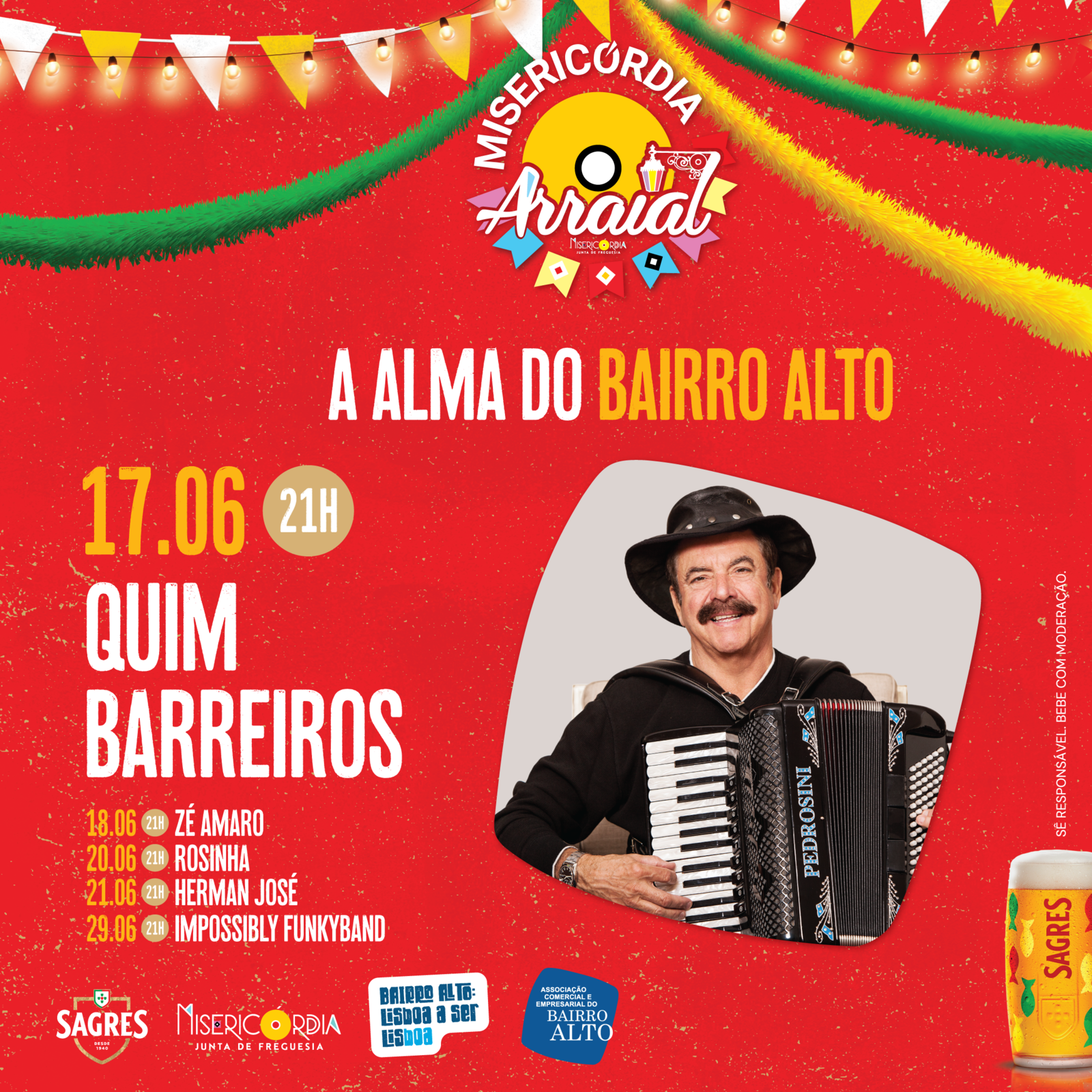 17 JUNHO – 21 HORAS. QUIM BARREIROS no Arraial da Misericórdia