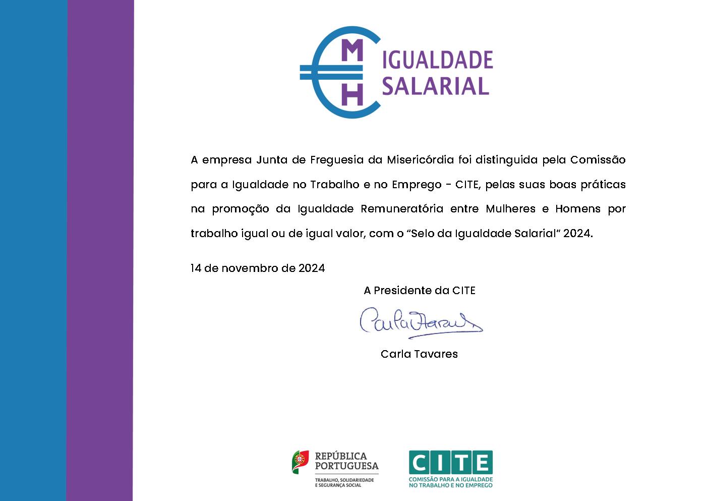 Selo Igualdade Salarial 2024 atribuído à junta de Freguesia